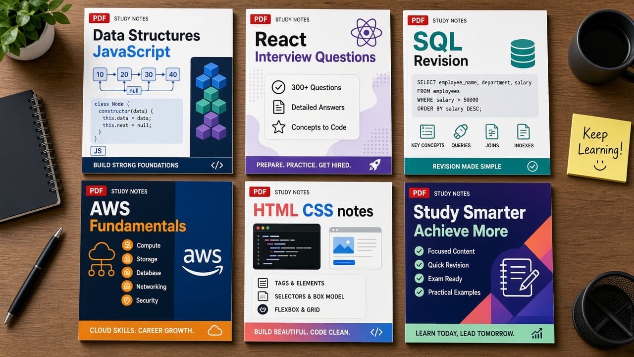 Collage of interview PDF topics — DSA, React, SQL, AWS