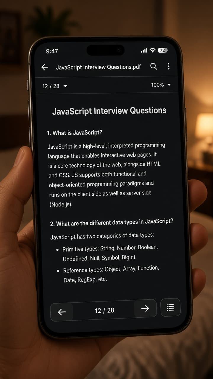 JavaScript interview PDF open on phone