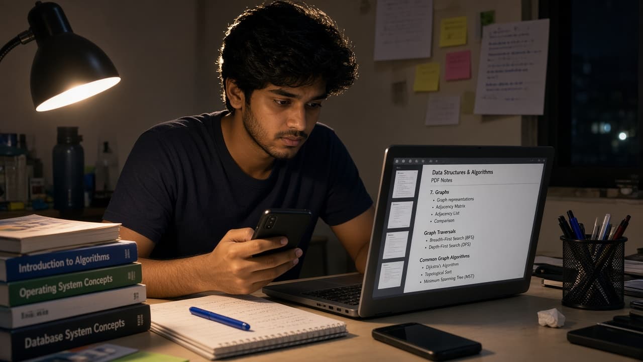 Student revising interview notes on laptop and phone